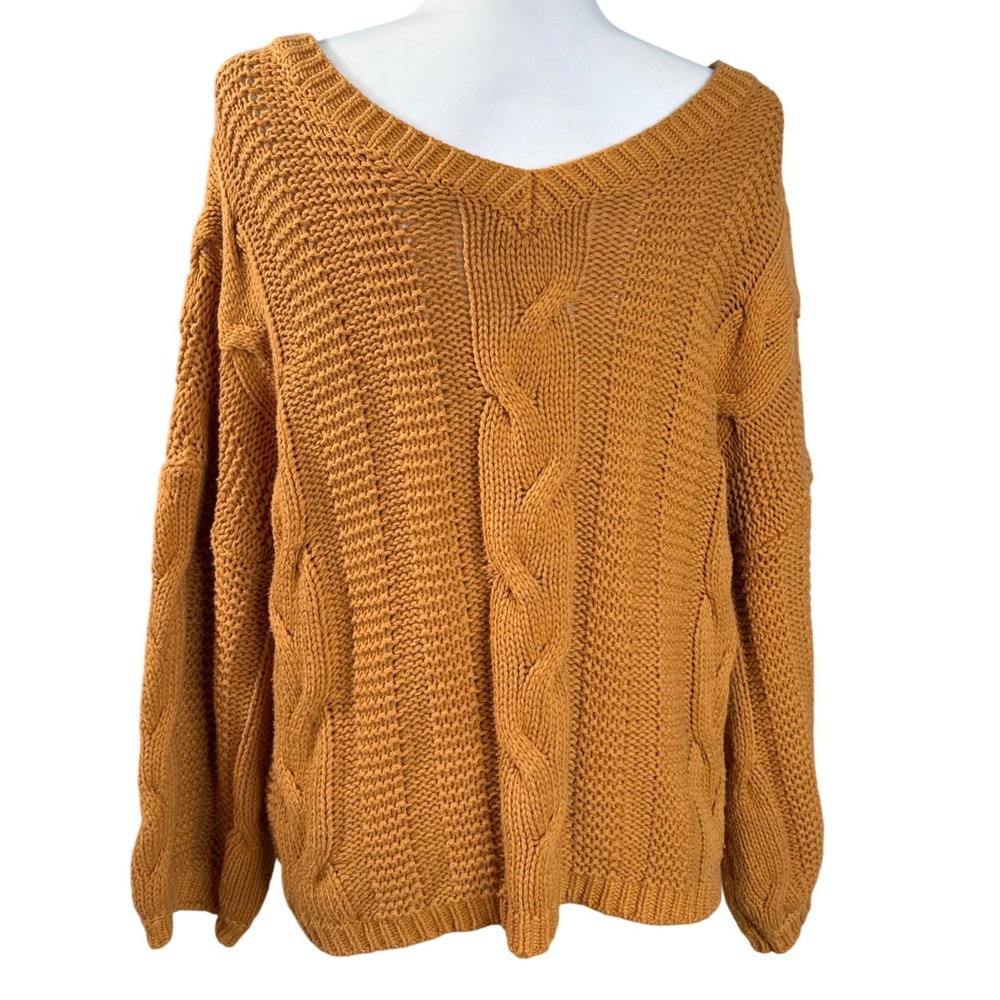 Mustard Orange Chunky Cable Knit V-Neck Oversized Sweater Womens‎ Relaxed Fit - Picture 4 of 12